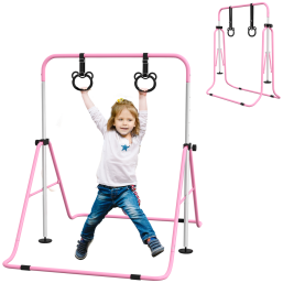 Adjustable Height Foldable Kids Gymnastics Bar with Non-Slip Mats, Pink